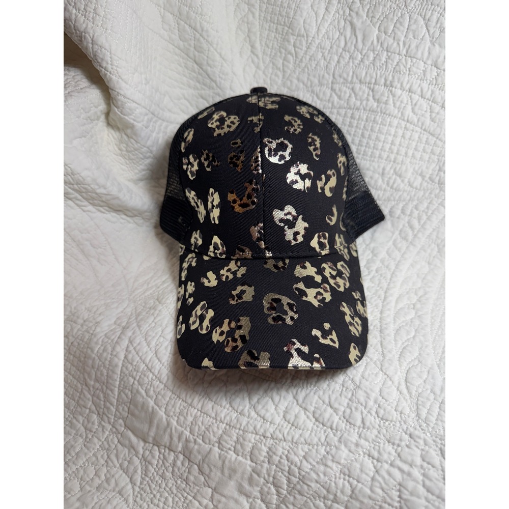 Metallic Leopard Print High Ponytail Trucker Hat Black Gold Mesh Back Cap